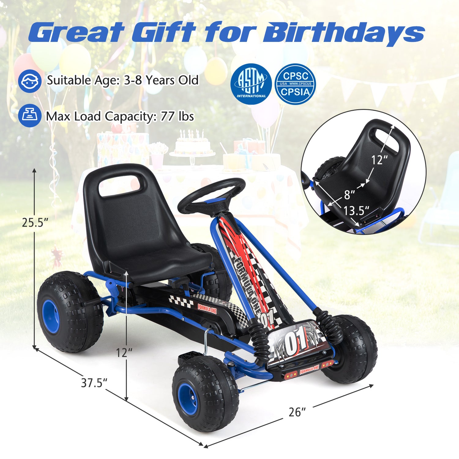 Go Kart for Kids 4 Wheels Pedal with Adjustable Seat and Multi-Terrain Wheels-Blue