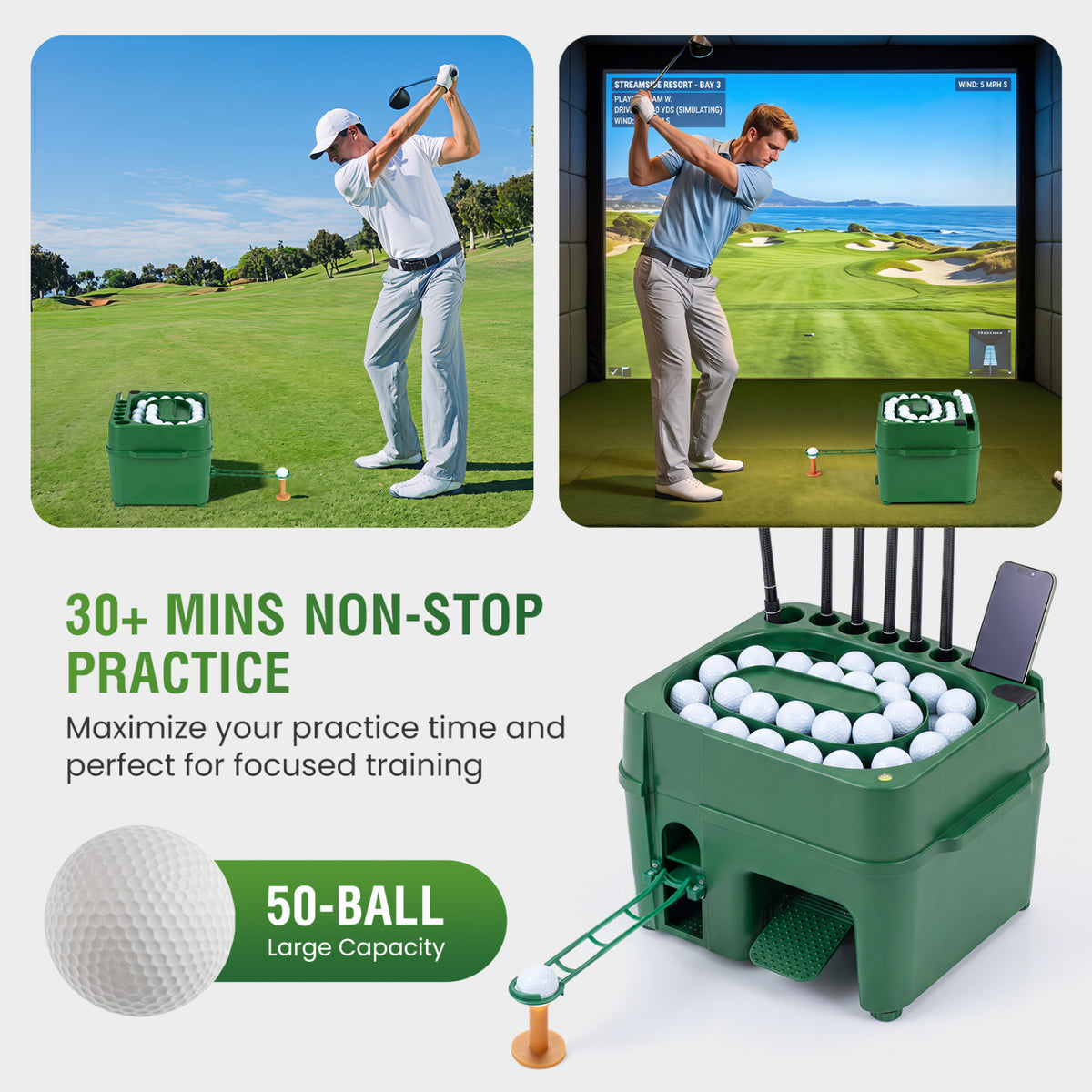 Golf Ball Dispenser 6-Club Holder & 50-Ball Capacity for Beginner Advanced Golfer