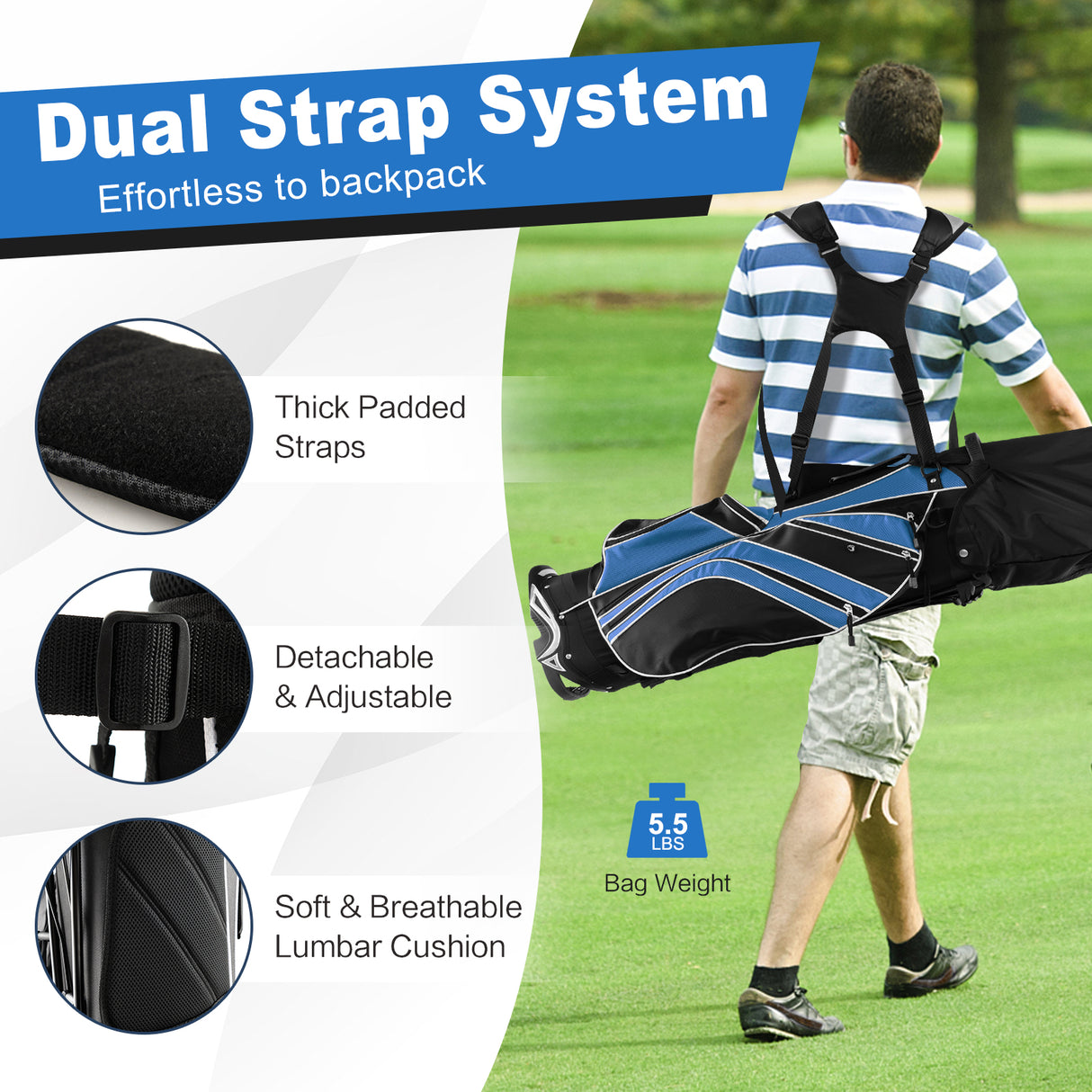 Golf Stand Cart Bag with 6-Way Divider Carry Pockets-Blue