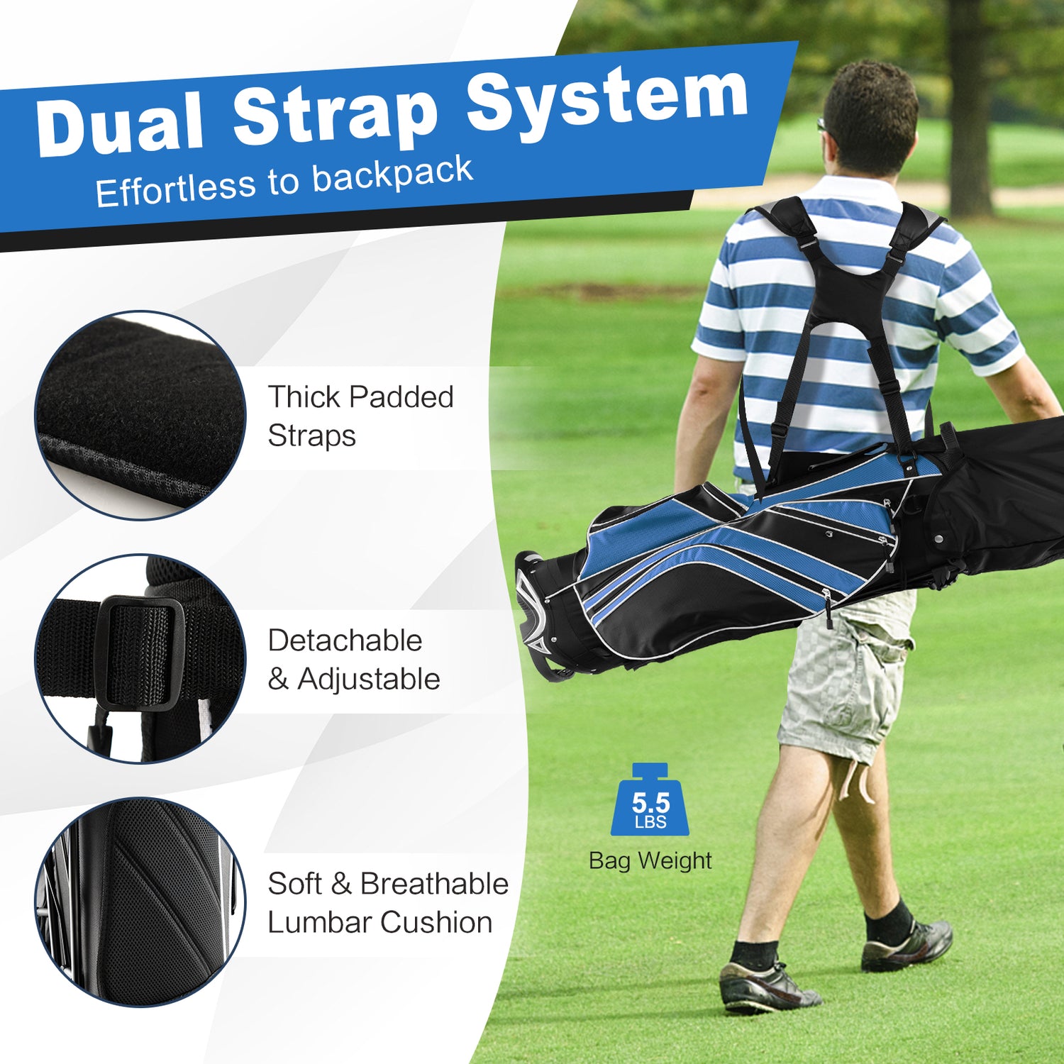 Golf Stand Cart Bag with 6-Way Divider Carry Pockets-Blue