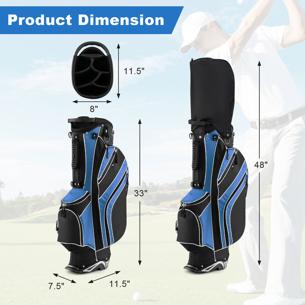 Golf Stand Cart Bag with 6-Way Divider Carry Pockets-Green
