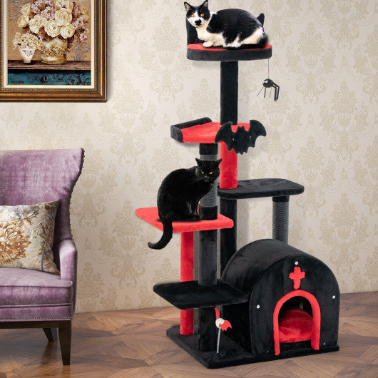 Gothic Cat Tree 53" Tall Cat Tower with Cat Bed and Arch-Shaped Condo-Black