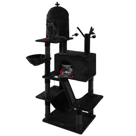 Gothic Cat Tree with 2 Cat Condos and Spooky Dangling Ball for Indoor Cats-Black