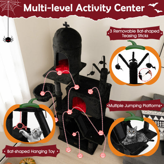 Gothic Cat Tree with 2 Cat Condos and Spooky Dangling Ball for Indoor Cats-Black