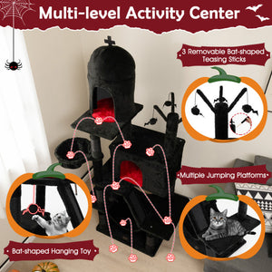 Gothic Cat Tree with 2 Cat Condos and Spooky Dangling Ball for Indoor Cats-Black