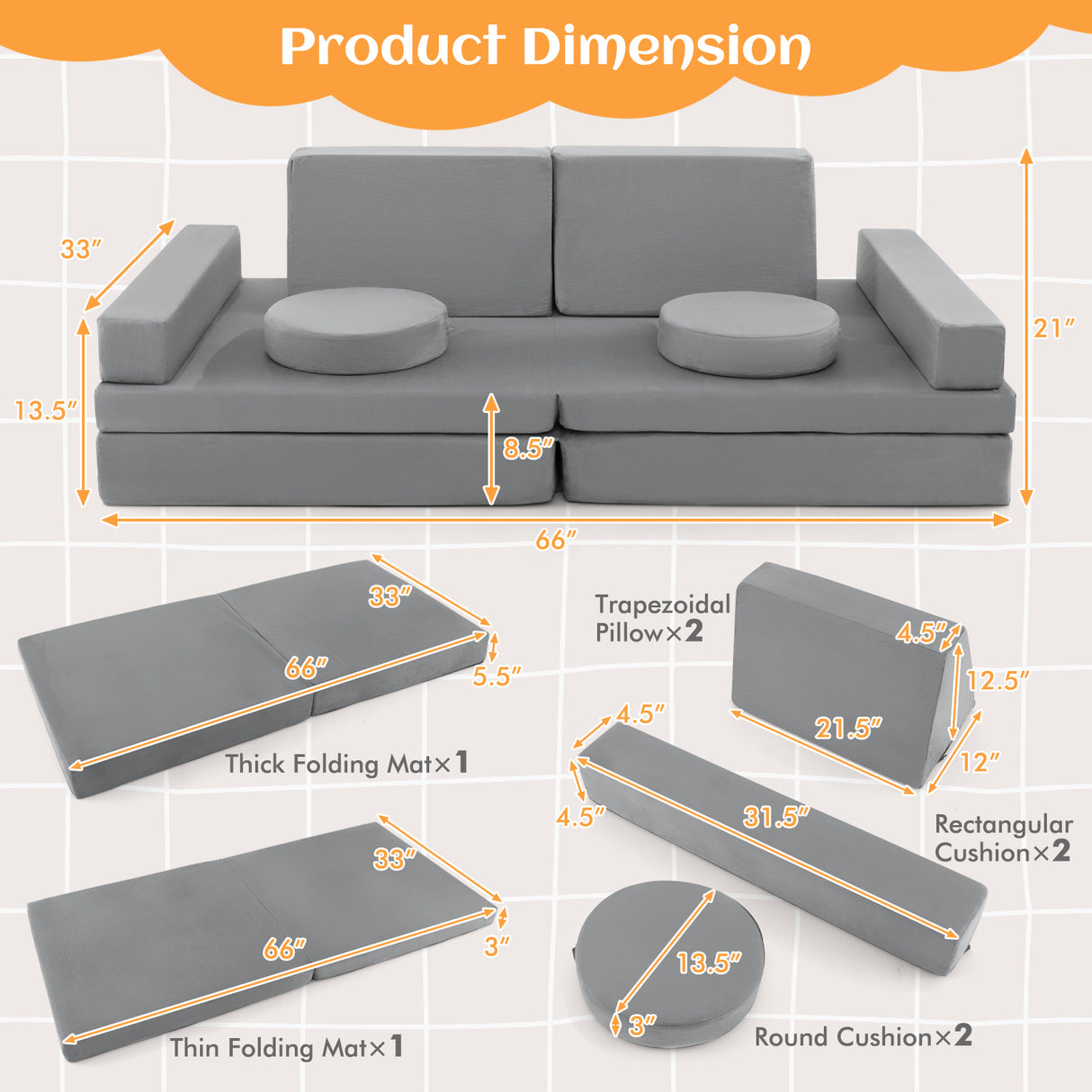 10-Piece Kids Play Couch Sofa with Portable Handle-Gray