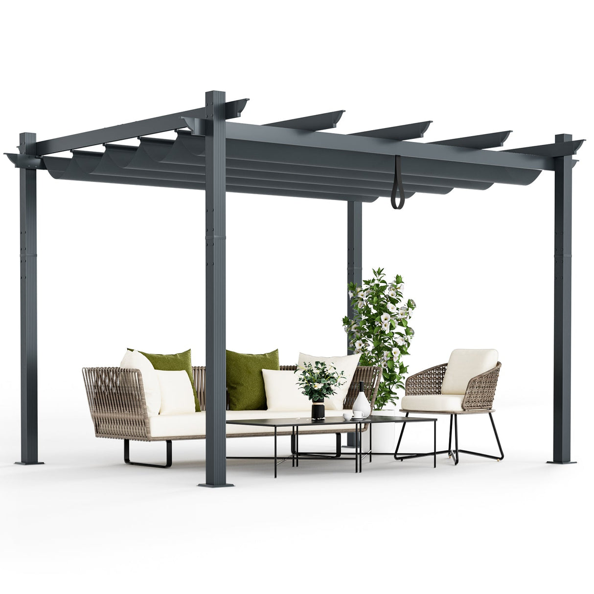 10 x 12 Feet Outdoor Aluminum Retractable Pergola Canopy Shelter Grape Trellis-Gray by DirectDeals