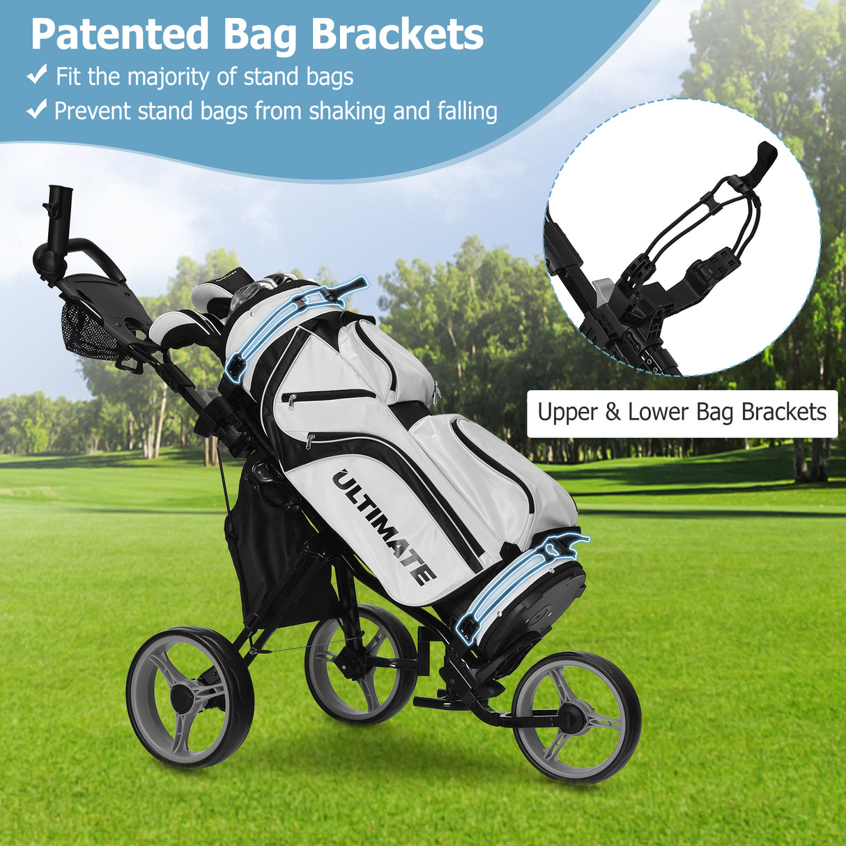 3 Wheels Folding Golf Push Cart with Seat Scoreboard and Adjustable Handle-Blue