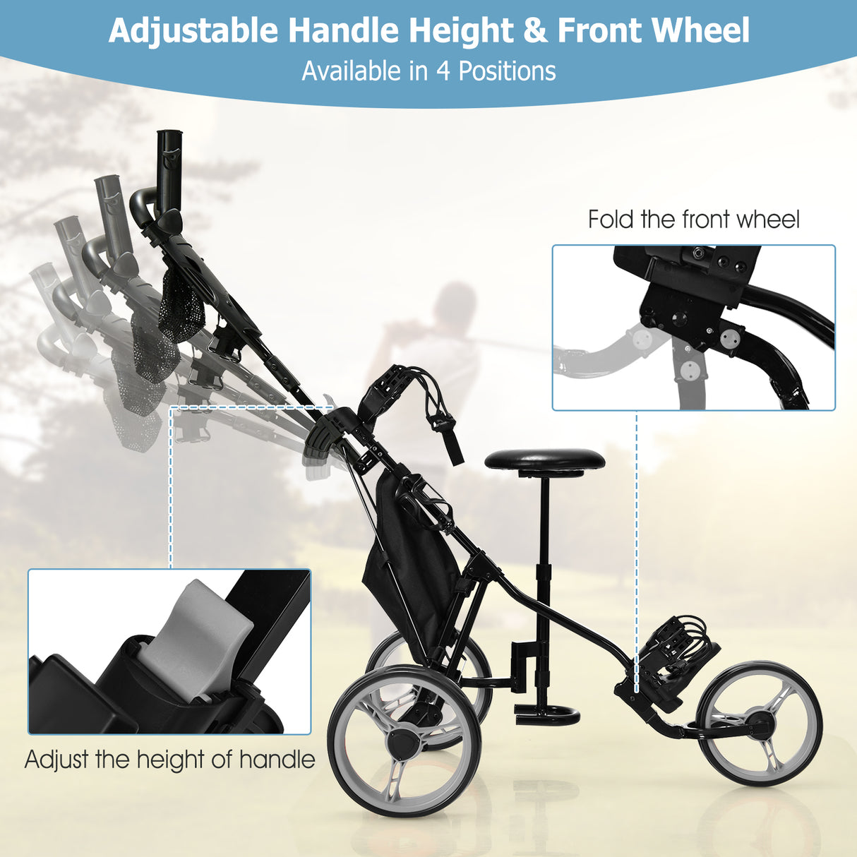 3 Wheels Folding Golf Push Cart with Seat Scoreboard and Adjustable Handle-Blue