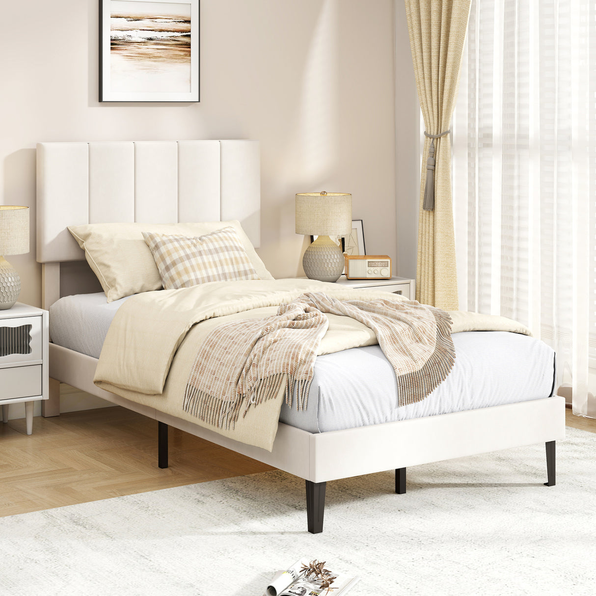 Gray Linen Upholstered Platform Bed with Height Adjustable Vertical Channel Headboard-Twin Size