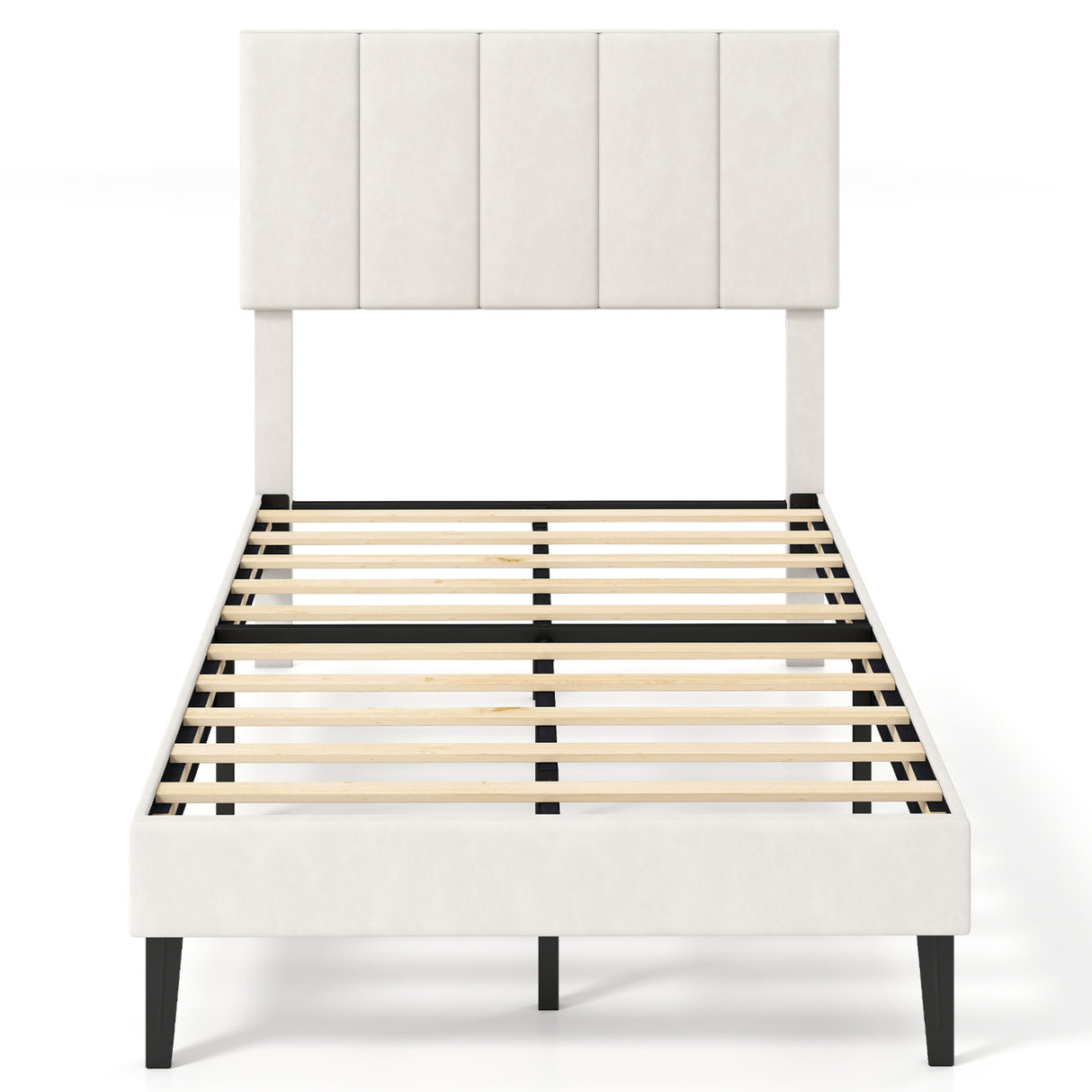 Gray Linen Upholstered Platform Bed with Height Adjustable Vertical Channel Headboard-Twin Size