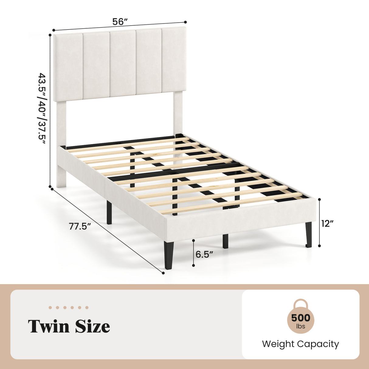 Gray Linen Upholstered Platform Bed with Height Adjustable Vertical Channel Headboard-Twin Size