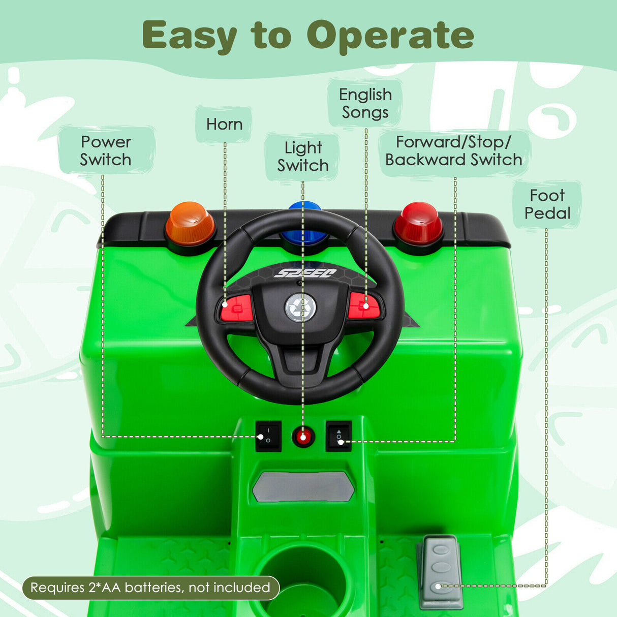12V Kids Ride-on  Garbage Truck with Warning Lights and 6 Recycling Accessories-Green