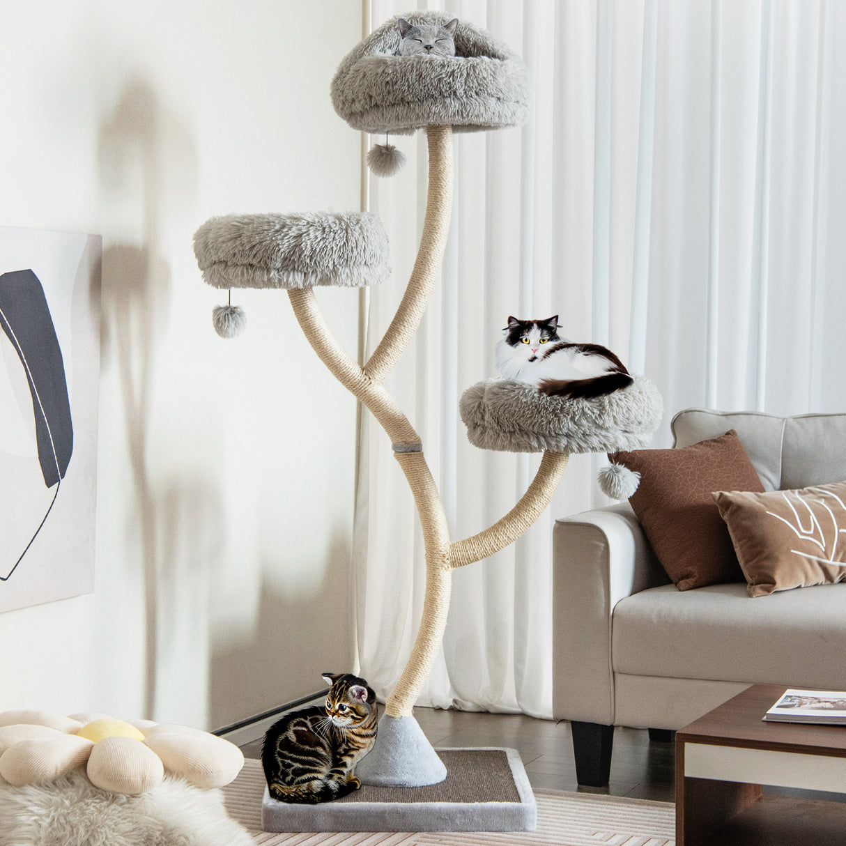 70 Inch Tall Cat Tree 4-Layer Cat Tower with 3 Perches and Dangling Balls-Gray