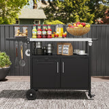 Outdoor Grill Cart with Storage and Folding Stainless Steel Top-Black