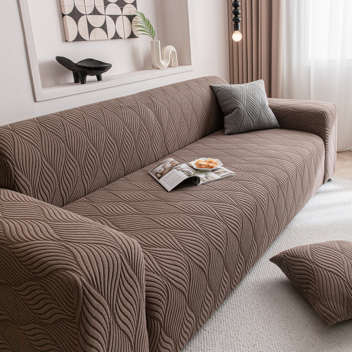 Modern Wavy Jacquard Sofa Slipcover, High Stretch Sofa Cover with 3D Organic Texture