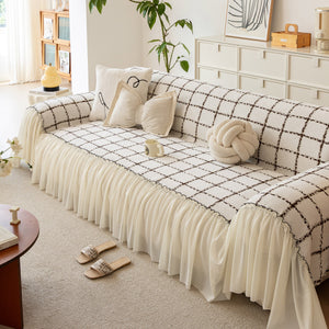 Grid Sofa Cover with Ruffle Skirt – Soft, Decorative, Full-Cover Couch Protector