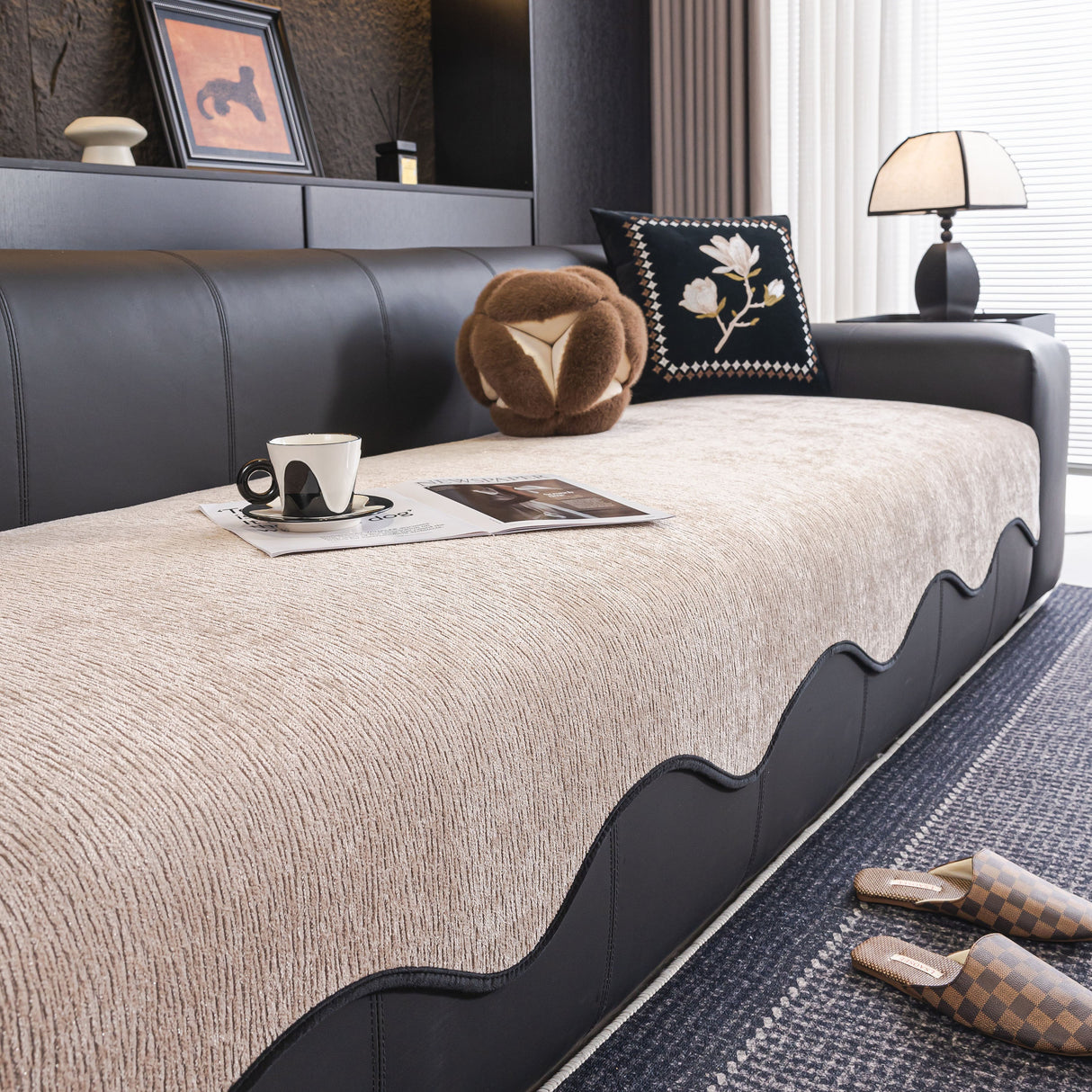 Chenille Couch Cover with Scalloped Edge, Non-Slip Modular Slipcover Sectional