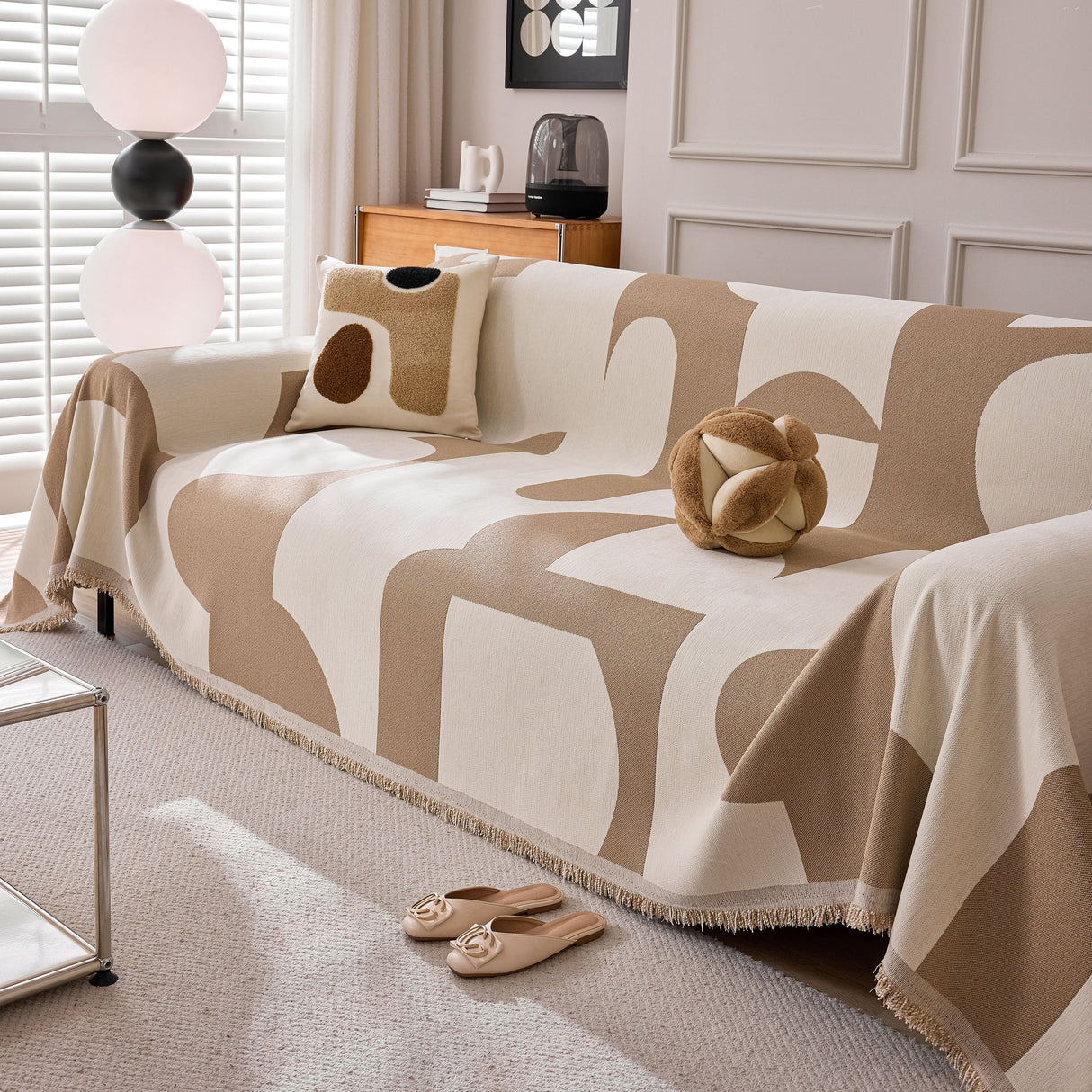 Modern Abstract Chenille Sofa Cover, Large Soft Throw Blanket with Tassels for Couch