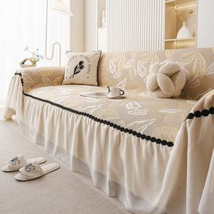 Leaf Jacquard Sofa Cover with Ruffle Skirt – Non-Slip Couch Protector with Sheer Hem