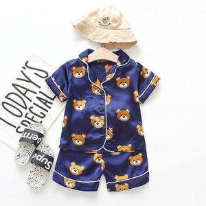 Luxury Modern Children's Pajamas Set Baby Suit Toddler Boys and Girls Ice Silk Satin Cartoon Printing Tops Pants Set Home Wear pajams for Kids