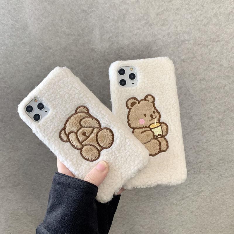 Cute Brown Bear Plush Phone Case For Iphone 14 11 12 13 Pro Max 7 8 X XS Max XR SE2 Autumn And Winter Shockproof Full Case Cover Cute Bear Animal Winter Warm Plush Fabric Phone Case