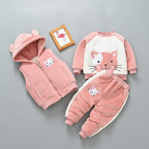 Baby Clothes Winter Thick And Warm Three-piece Cartoon Bear And Fox Printed Sweater Hooded Baby Girl Clothing Set Sweater and Pants
