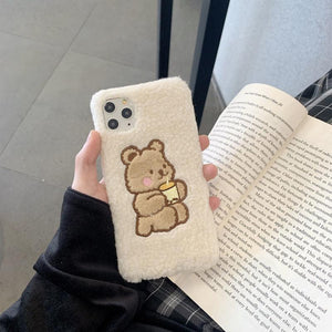 Cute Brown Bear Plush Phone Case For Iphone 14 11 12 13 Pro Max 7 8 X XS Max XR SE2 Autumn And Winter Shockproof Full Case Cover Cute Bear Animal Winter Warm Plush Fabric Phone Case