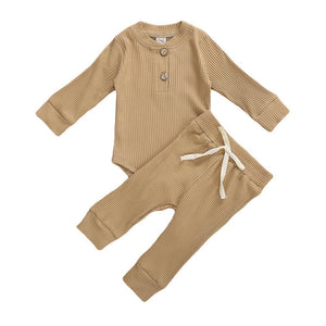 Infant Newborn Baby  Spring Autumn Ribbed Solid Clothes Sets Long Sleeve Bodysuits , Elastic Pants 2PCs