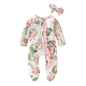 Modern Interesting Luxury Floral Newborn Baby Girl Clothes Infant Baby Girl Footed Full Sleeve Outfit Romper Jumpsuit With Big Bow In Modern Design