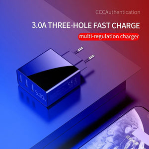 3 Port USB Phone Charger LED Display EU Plug Total Max 3A Smart Fast Charger Mobile Wall Charger For Smartphones