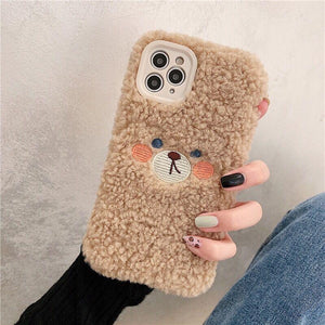 Cute Brown Bear Plush Phone Case For Iphone 14 11 12 13 Pro Max 7 8 X XS Max XR SE2 Autumn And Winter Shockproof Full Case Cover Cute Bear Animal Winter Warm Plush Fabric Phone Case