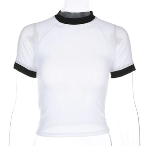 Trendy Women's Black and White Sheer Mesh T-Shirt