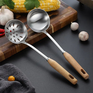 Stainless Steel Soup Spoon with Wooden Handle - Strainer Skimmer Utensil