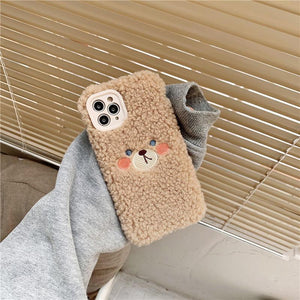 Cute Brown Bear Plush Phone Case For Iphone 14 11 12 13 Pro Max 7 8 X XS Max XR SE2 Autumn And Winter Shockproof Full Case Cover Cute Bear Animal Winter Warm Plush Fabric Phone Case