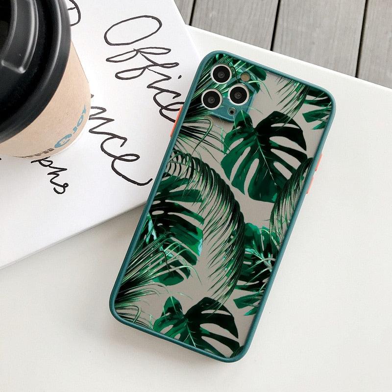 Green Leaves Plant Flower Phone Case for iphone 11 12 13 14 Pro Max Hard Back Shockproof Cover Floral Tropical Design with Slim Glossy Green Palm Leaves Pattern Case