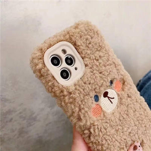 Cute Brown Bear Plush Phone Case For Iphone 14 11 12 13 Pro Max 7 8 X XS Max XR SE2 Autumn And Winter Shockproof Full Case Cover Cute Bear Animal Winter Warm Plush Fabric Phone Case