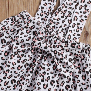 Baby Girl Dress Set Round Neck Long Sleeve Letter Printed Romper Leopard Bow Short Suspender Skirt Headband