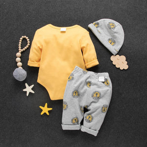 Autumn and Winter Cotton Lion Casual Baby Bodysuit Pants Hat Suit Pajamas Set OFr Boys And Girls Kids