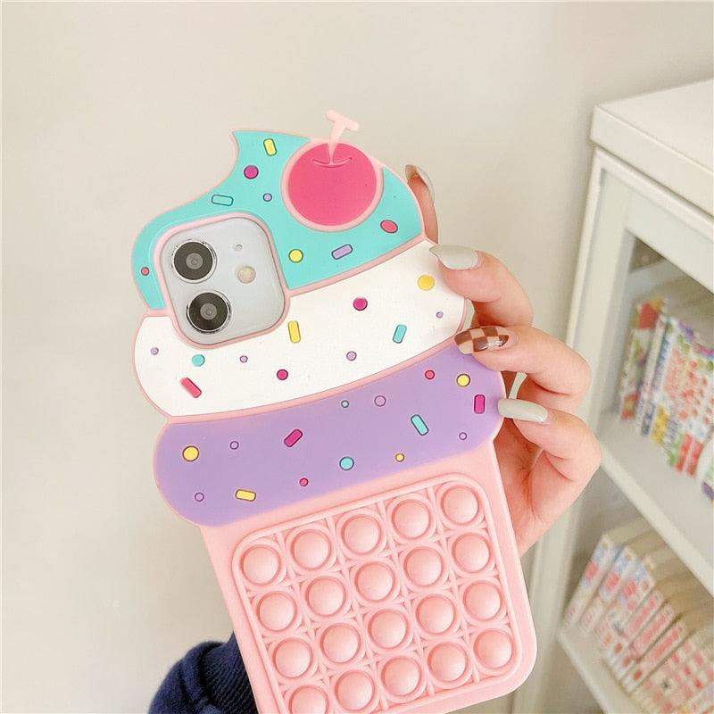 3D Delicious Cherry Ice Cream Silicone Phone Case For iphone 13 12 11 Pro Max Xs Xr 7 8 Plus X Se finger bubble game soft cover 3D Cartoon Cupcake Shape Soft Silicone Full Protection Shockproof Case