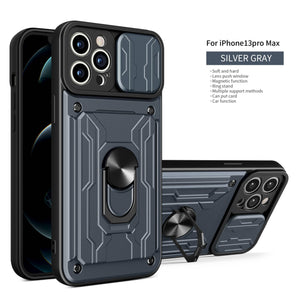Heavy Duty Armor Case Card Pocket for iPhone 11 Pro 7 8 Plus Magnetic Phone Holder Cover Slide Lens Protection Design Card Holder Slot With Rotating Ring Armor Bumper Shockproof Case