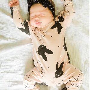Modern Baby Girls Romper Cartoon Rabbit Pattern Cotton Long Sleeve Jumpsuit+Headband Outfits Set Jumpsuit With  Bow