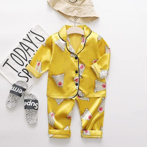 Luxury Modern Children's Pajamas Set Baby Suit Toddler Boys and Girls Ice Silk Satin Cartoon Printing Tops Pants Set Home Wear pajams for Kids