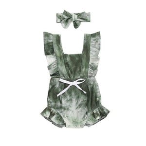 Luxury Modern New Printed Colorful Toddler Girls Rompers With Headband Ruffles Short Sleeve Printed Backless Jumpsuits