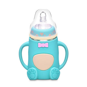 Infant Cartoon Baby Cute Feeding Glass Bottle Safe Silicone Milk Bottle With Handle Newborn Drink Training Colorful Feeding Bottles