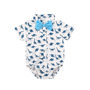 Newborn Boys Bodysuits Bow Short Sleeve Print Single Breasted Jumpsuits Shirt For Baby With Elegant Bow