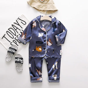 Luxury Modern Children's Pajamas Set Baby Suit Toddler Boys and Girls Ice Silk Satin Cartoon Printing Tops Pants Set Home Wear pajams for Kids