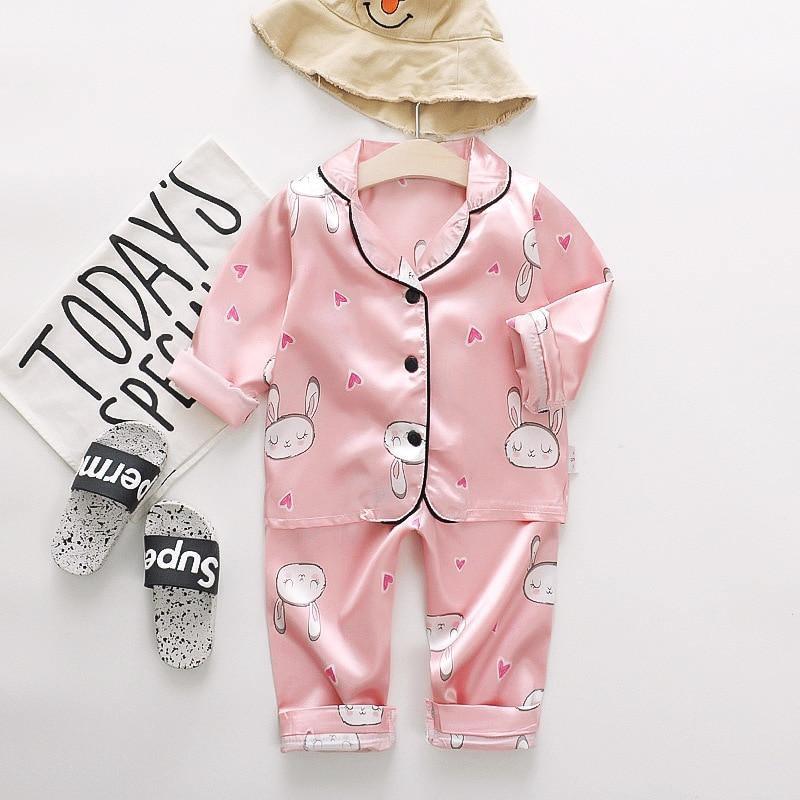 Luxury Modern Children's Pajamas Set Baby Suit Toddler Boys and Girls Ice Silk Satin Cartoon Printing Tops Pants Set Home Wear pajams for Kids