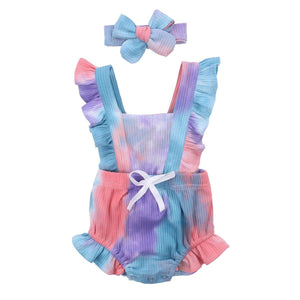 Luxury Modern New Printed Colorful Toddler Girls Rompers With Headband Ruffles Short Sleeve Printed Backless Jumpsuits