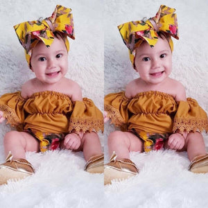 Elegant Luxury Floral Newborn Baby Girl Toddler Outfits Off shoulder Solid Tops Floral Short Pant Headband Bow Set For Baby Girls
